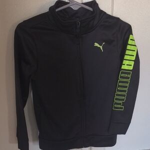 Puma Black Zip-Up Jacket with Neon Green Logo and Sleeve Script